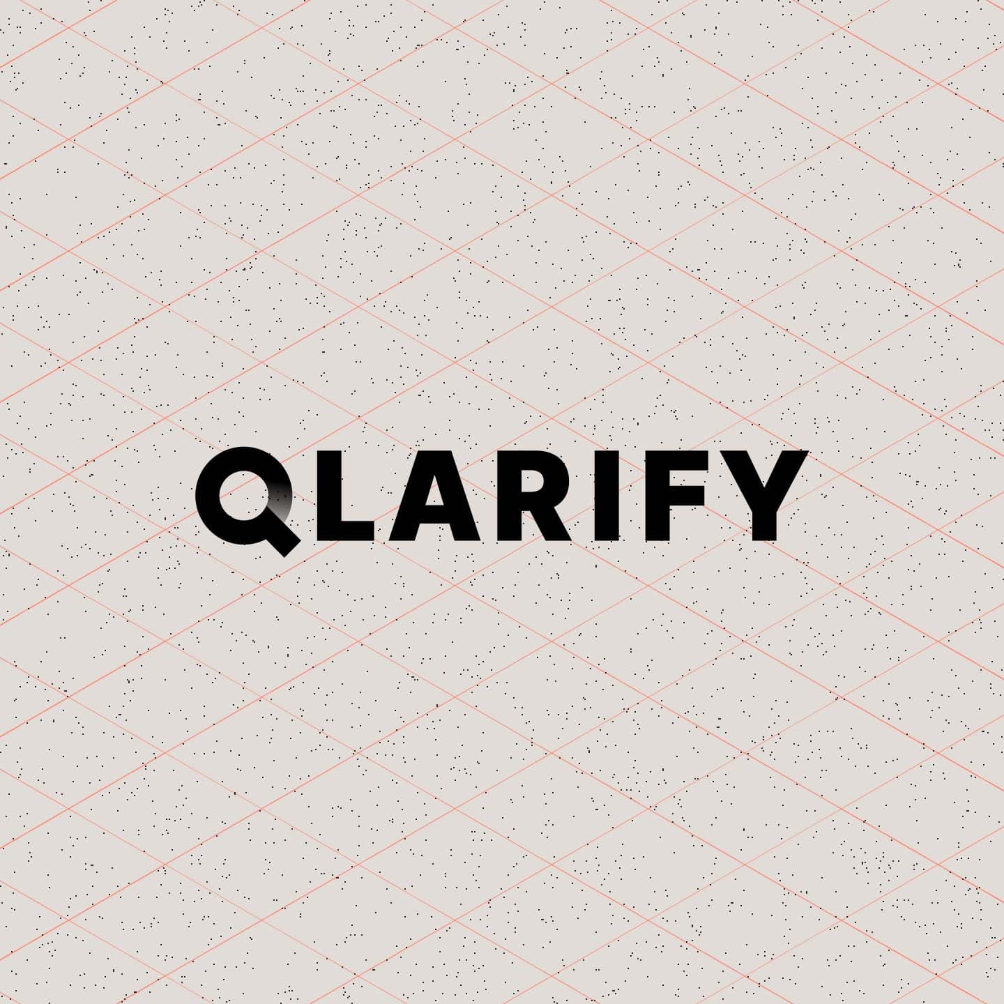 The word "QLARIFY" in bold black text on a light beige background with pink grid lines and small black speckles.